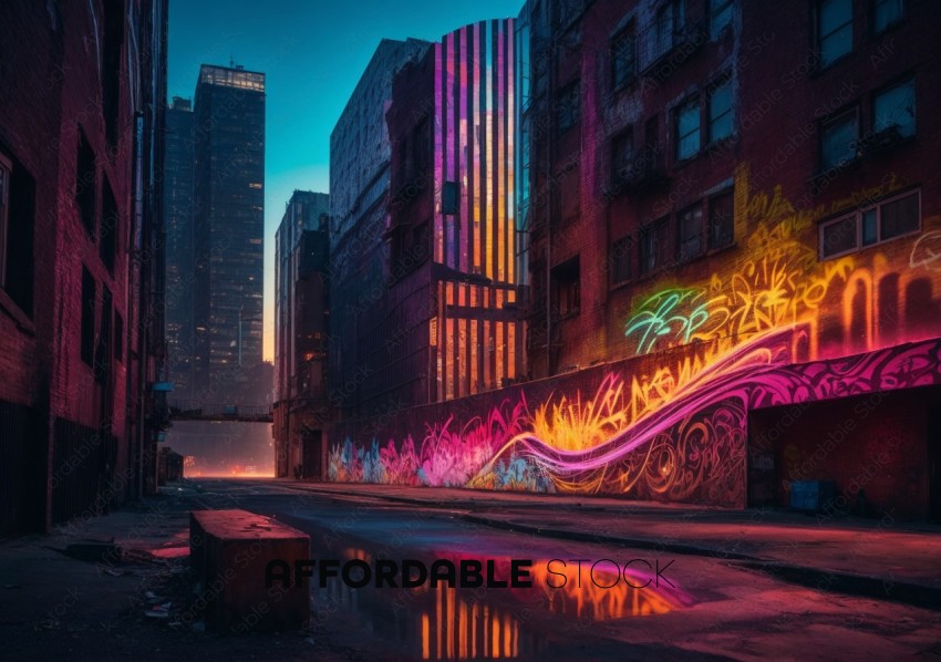 Urban Twilight with Neon Lights and Graffiti