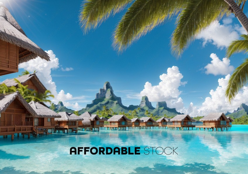 Tropical Resort Overwater Bungalows and Mountain View