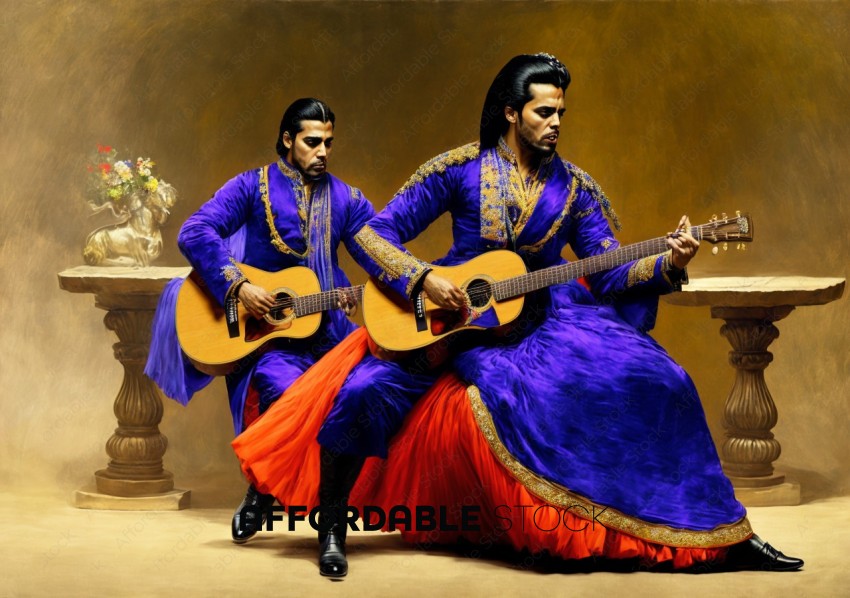 Musicians in Traditional Attire Playing Guitars