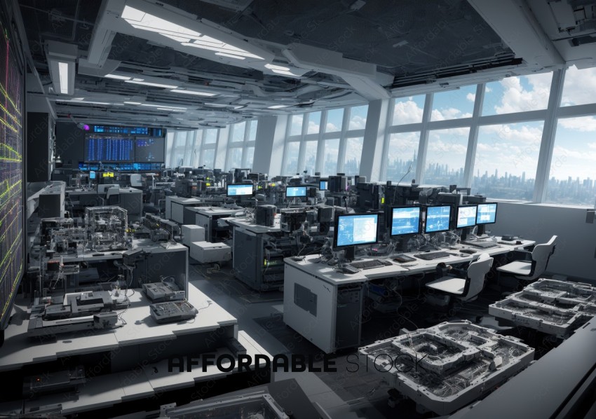 Modern High-Tech Control Room with City View