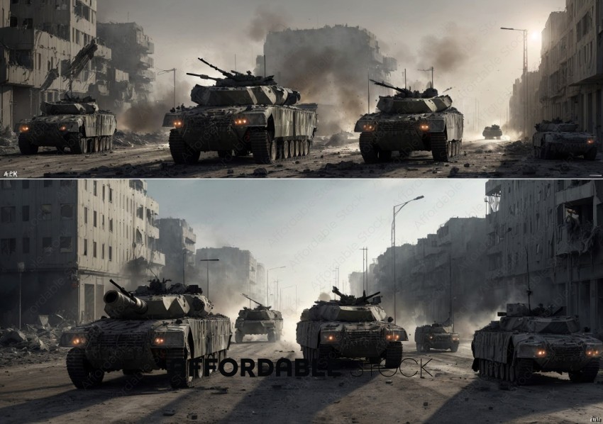 Armored Tanks Advancing in Urban Warfare