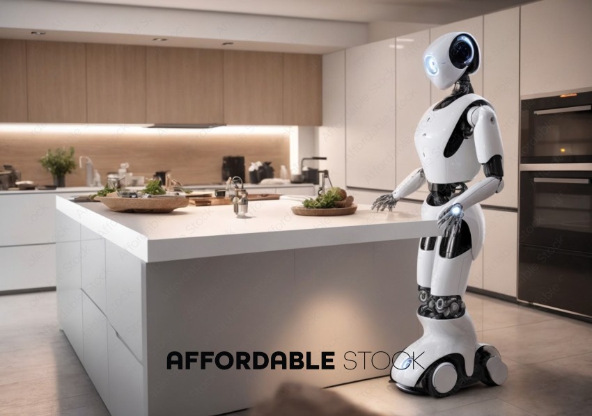 Domestic Robot in Modern Kitchen Interior