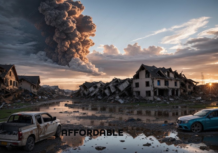 Devastated Neighborhood at Sunset with Volcanic Eruption in Background