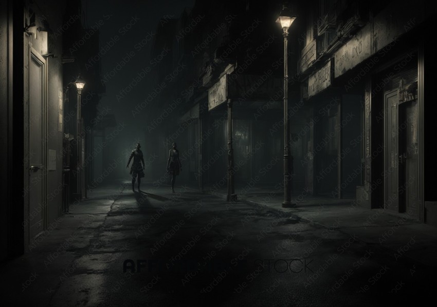 Mysterious Figures in a Foggy Urban Alley at Night