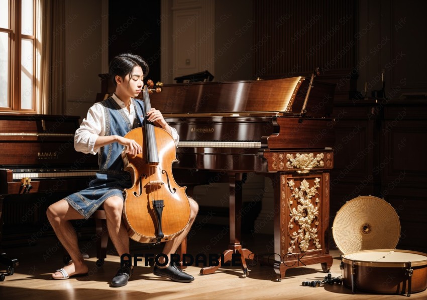Young Musician Playing Cello in Classical Interior
