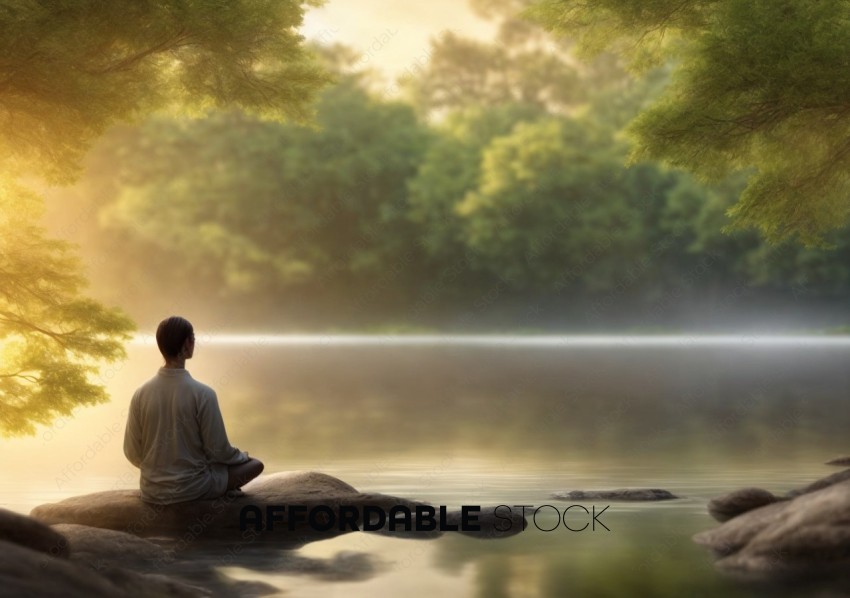 Person Meditating by Serene Lake at Sunrise