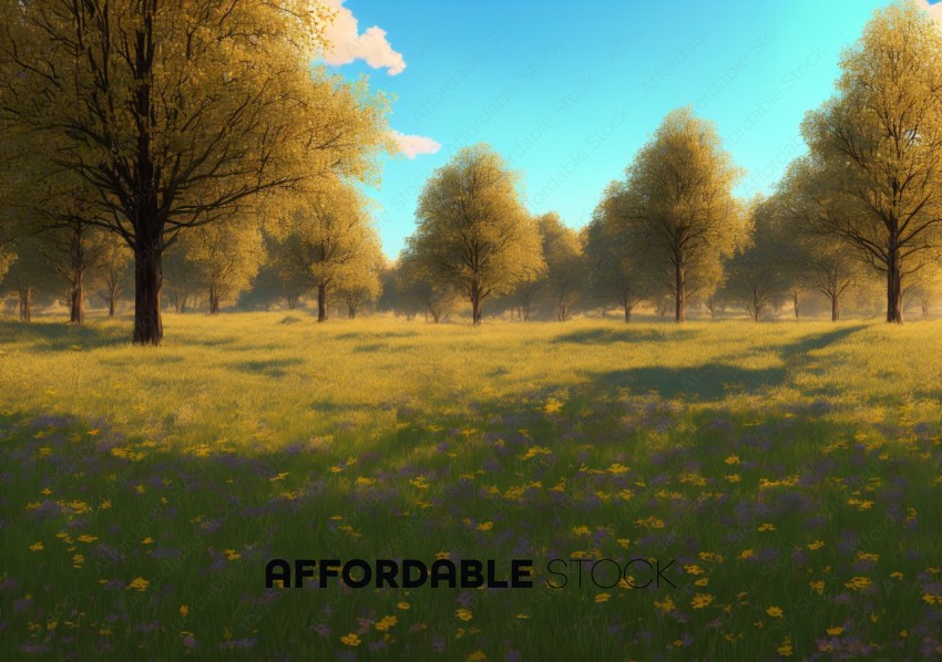 Sunlit Flower Meadow with Trees