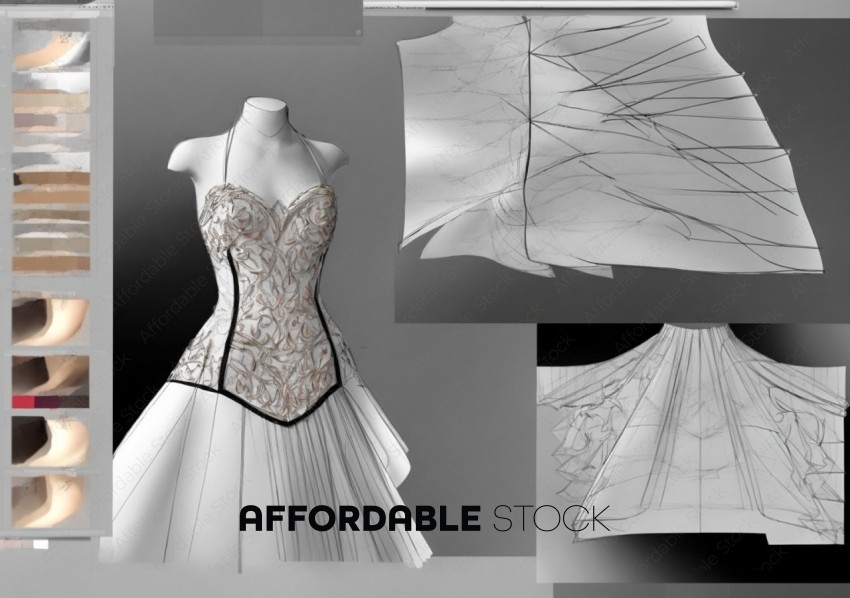 Fashion Design Sketch and Mannequin with Elegant Dress