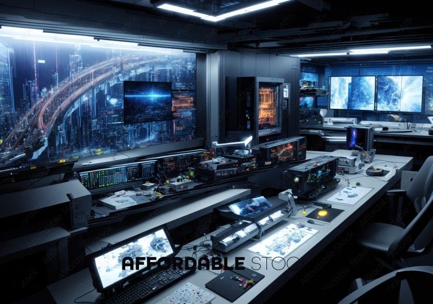 High-Tech Control Room Overlooking Cityscape at Night