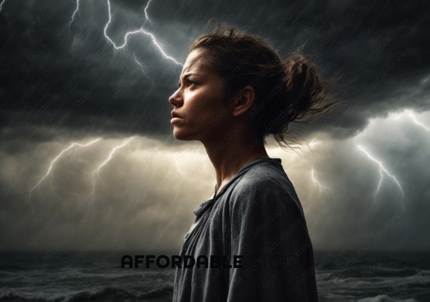 Woman Facing Stormy Sea and Lightning
