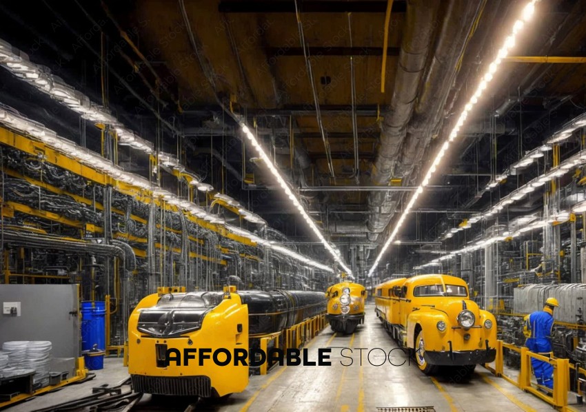 Vintage Yellow Cars in Factory Setting