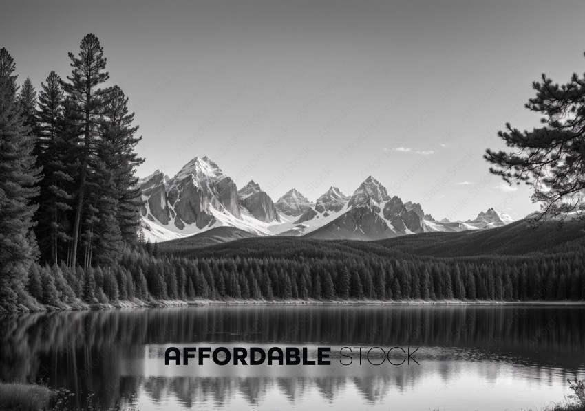 Monochrome Mountain Landscape with Reflective Lake