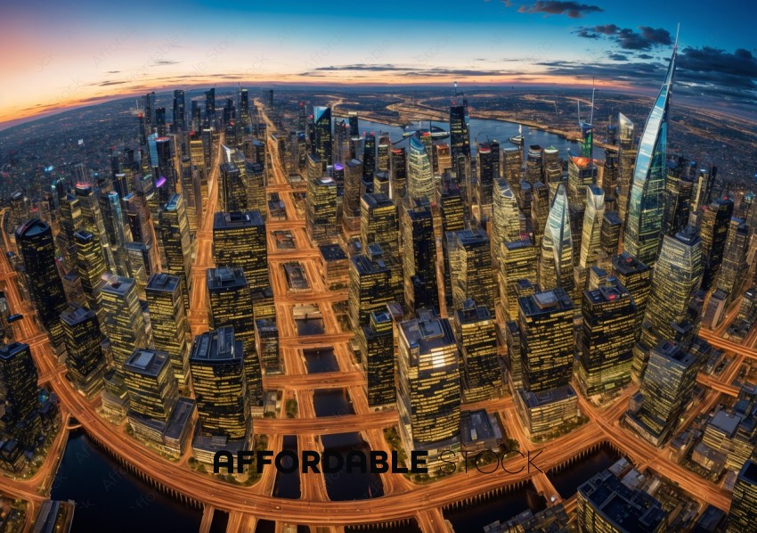 Aerial View of Cityscape at Twilight