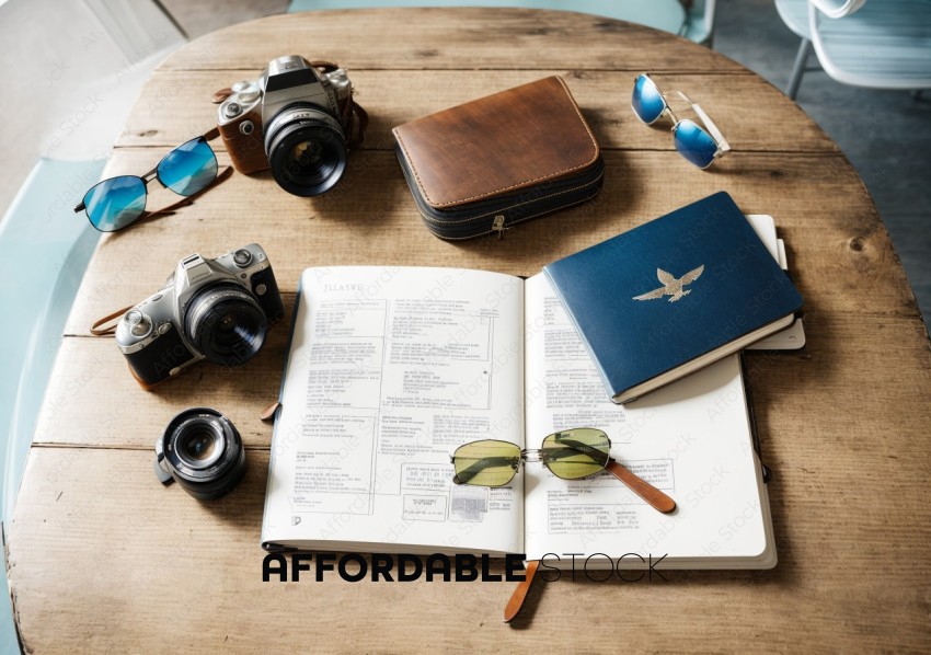 Travel Planning Essentials on Wooden Table