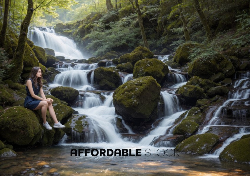 Woman Sitting by Cascading Waterfall in Forest