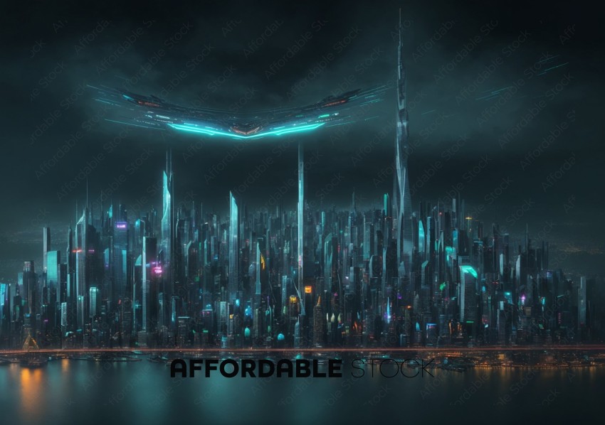 Futuristic Cityscape with Hovering Spaceship