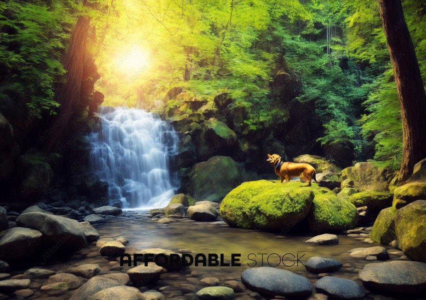 Tranquil Forest Waterfall with Dog