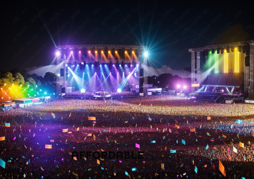 Crowded Music Festival at Night with Stage Lights