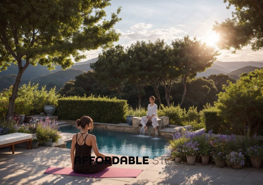 Outdoor Yoga Session at Sunset by Poolside