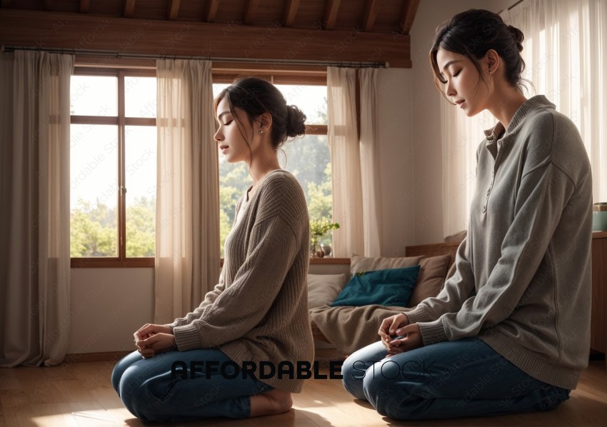 Two Women Practicing Meditation at Home