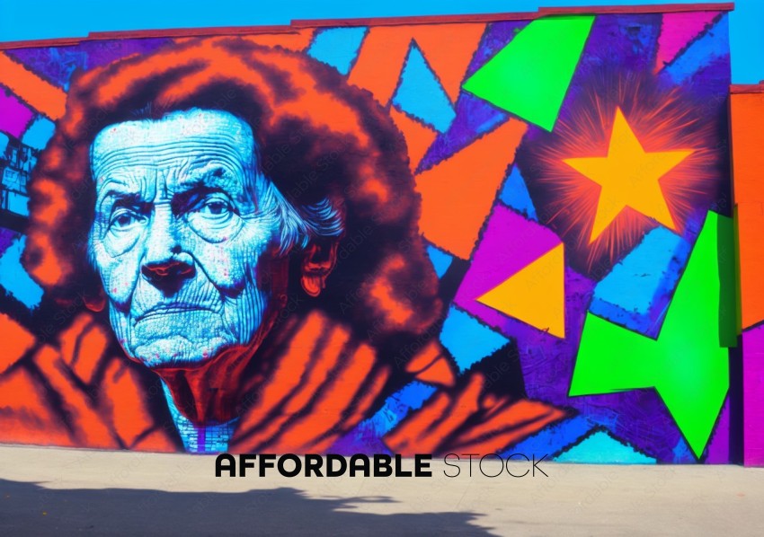 Vibrant Street Art Mural of Elderly Woman