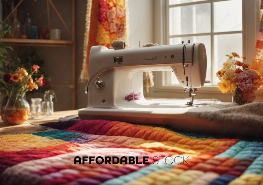 Vintage Sewing Machine with Colorful Quilt