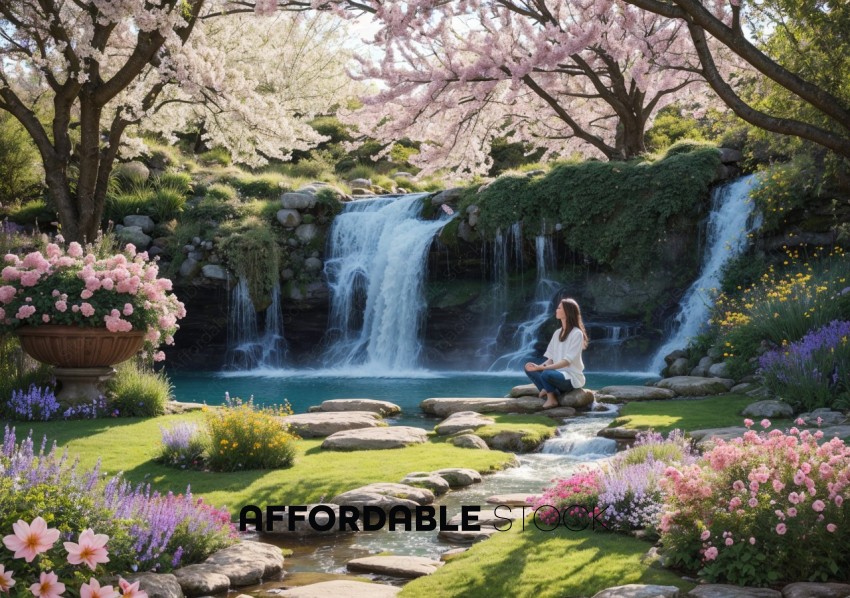 Woman Meditating in Serene Garden by Waterfall