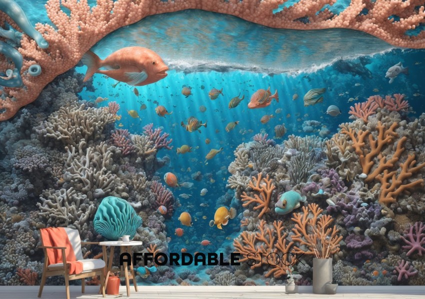 Underwater Coral Reef Scene with Home Interior Elements
