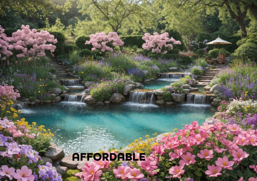 Serene Garden Landscape with Waterfalls