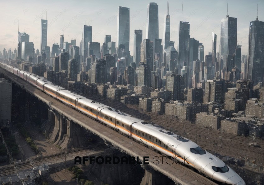Futuristic Train Speeding Through Modern Cityscape