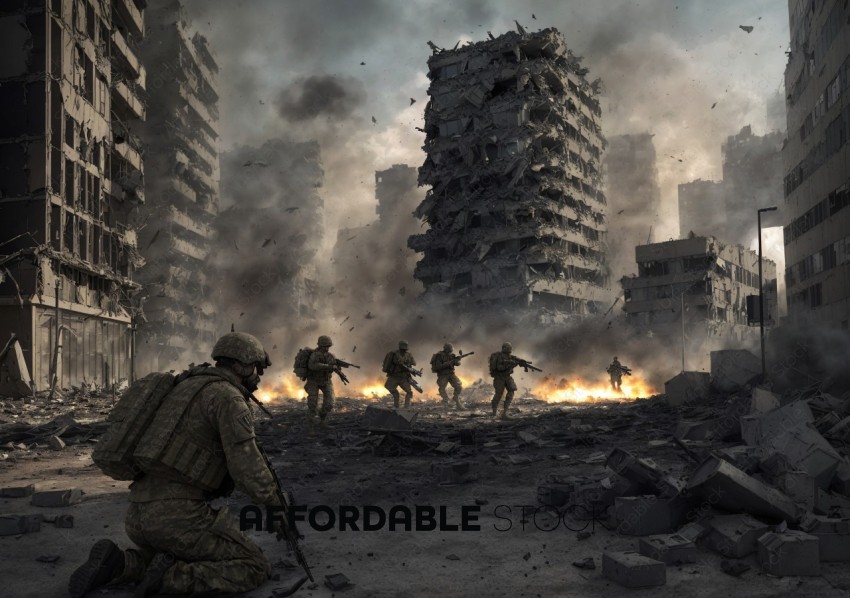 Soldiers Advancing Through Urban Ruins