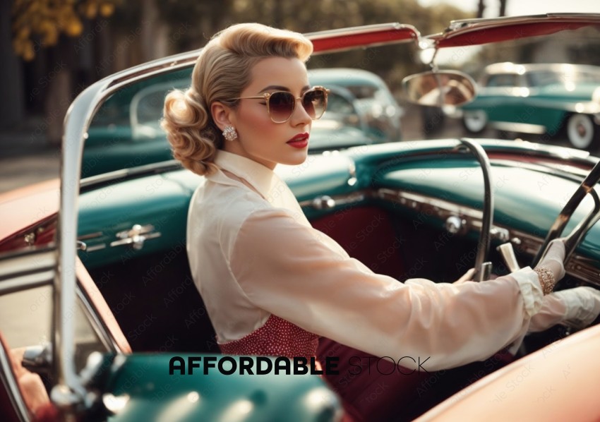 Elegant Woman in Vintage Convertible Car