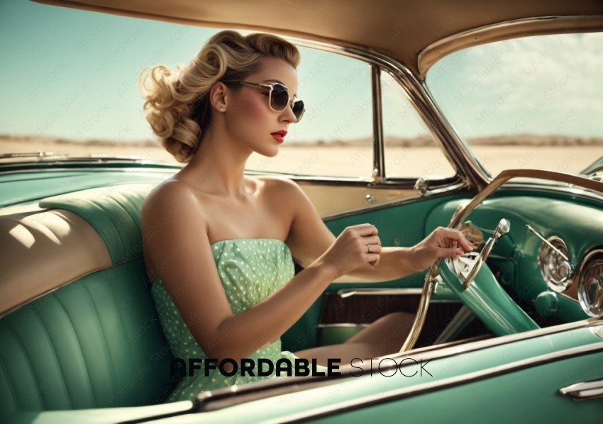 Vintage Style Woman Driving Classic Convertible Car