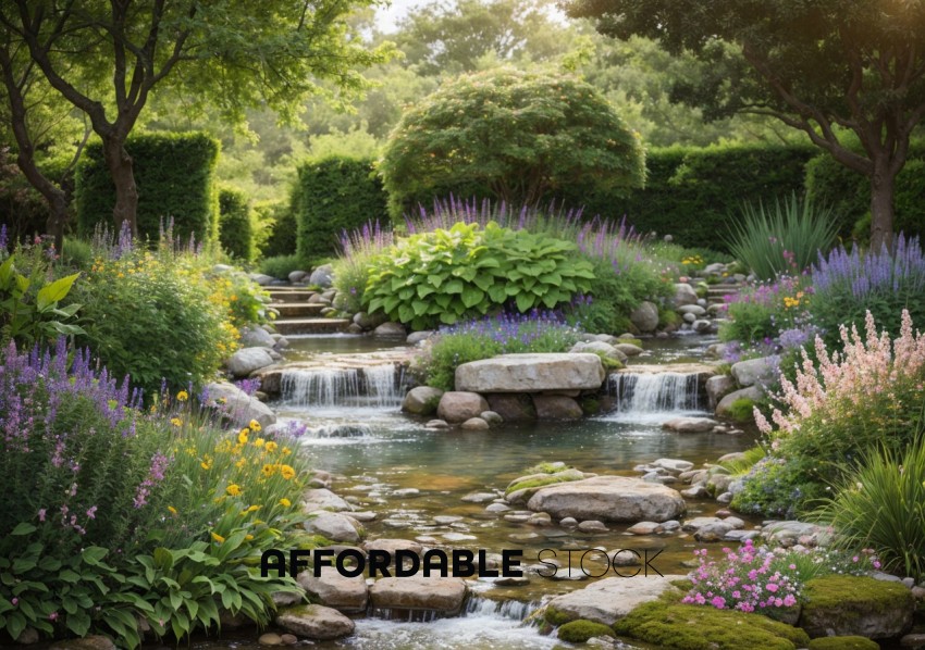 Tranquil Garden Waterfall Surrounded by Flowers