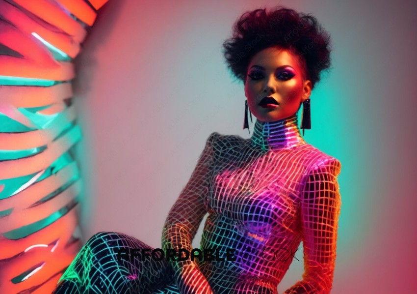Fashion Model with Colorful Neon Lights