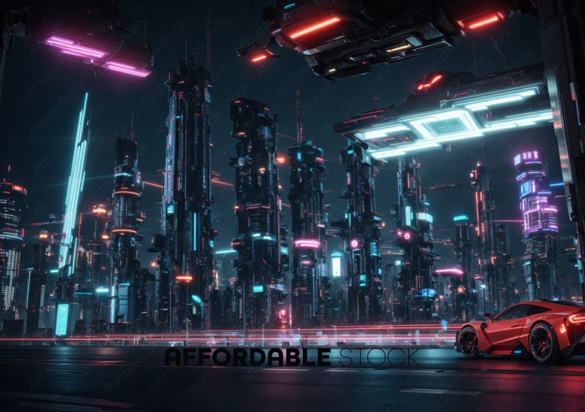 Futuristic Cityscape with Sports Car at Night