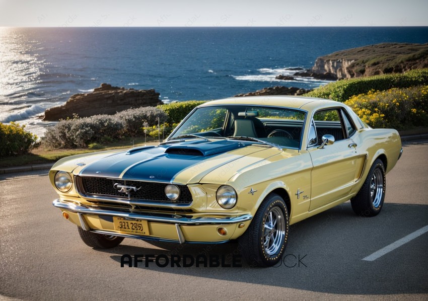 Classic Yellow Muscle Car by the Sea