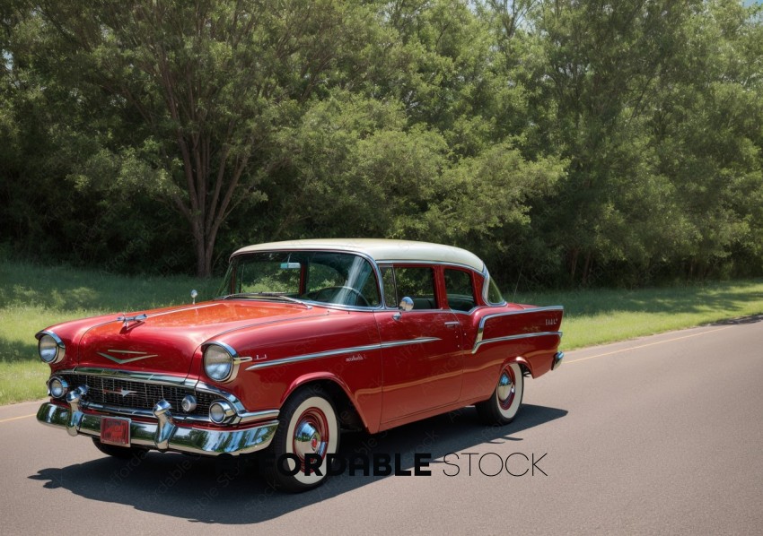 Vintage Red and White Car on Roadside