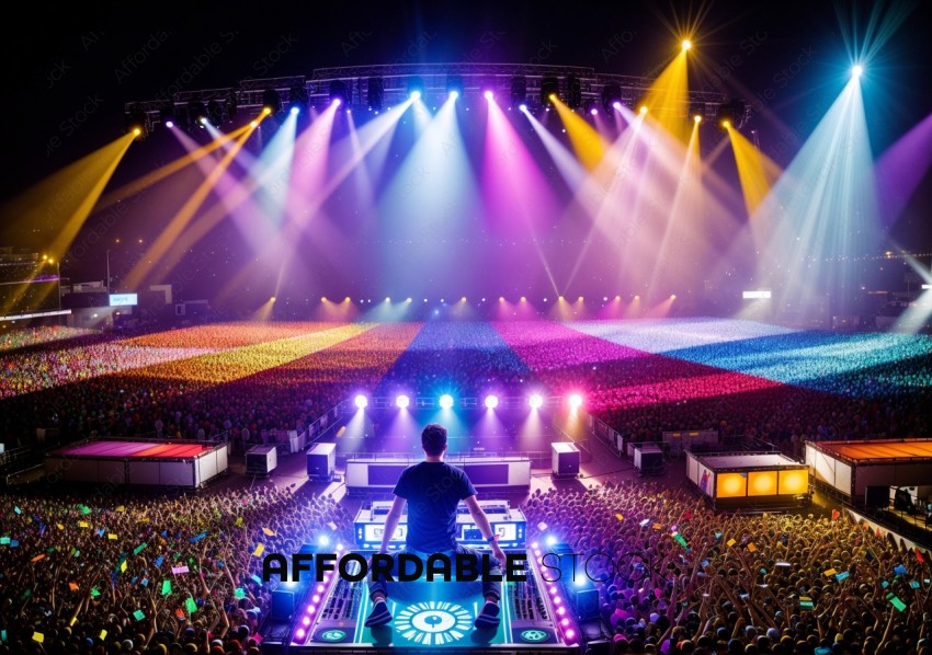 Concert DJ Overlooking Energetic Crowd at Night