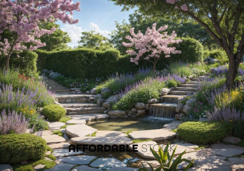 Blooming Garden with Stone Pathway and Water Feature