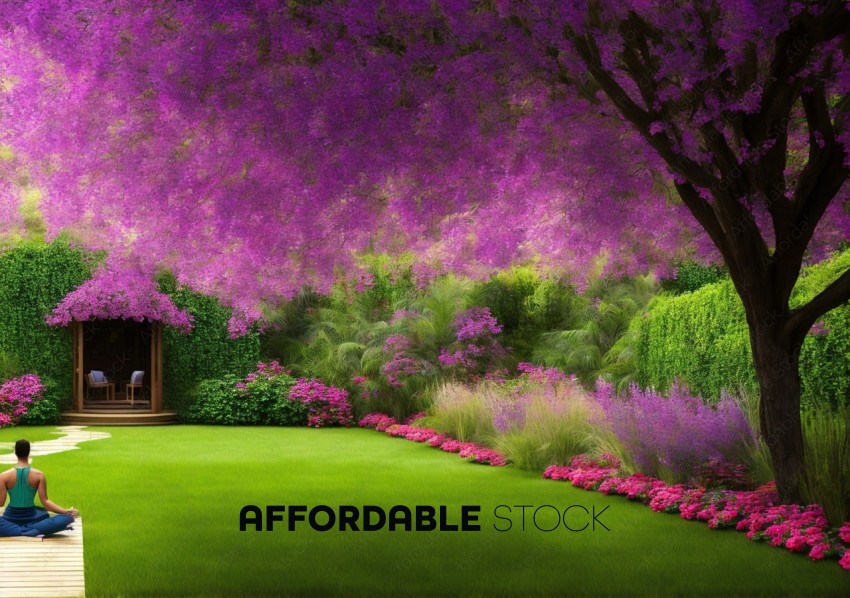 Serene Garden with Blooming Purple Trees and Person Meditating