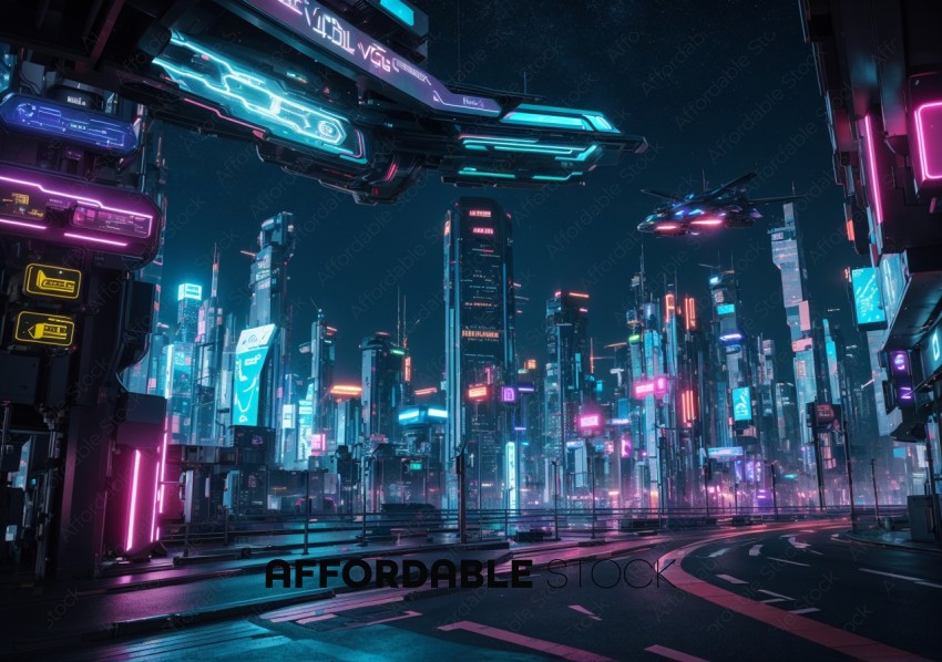 Futuristic Cityscape with Neon Lights at Night