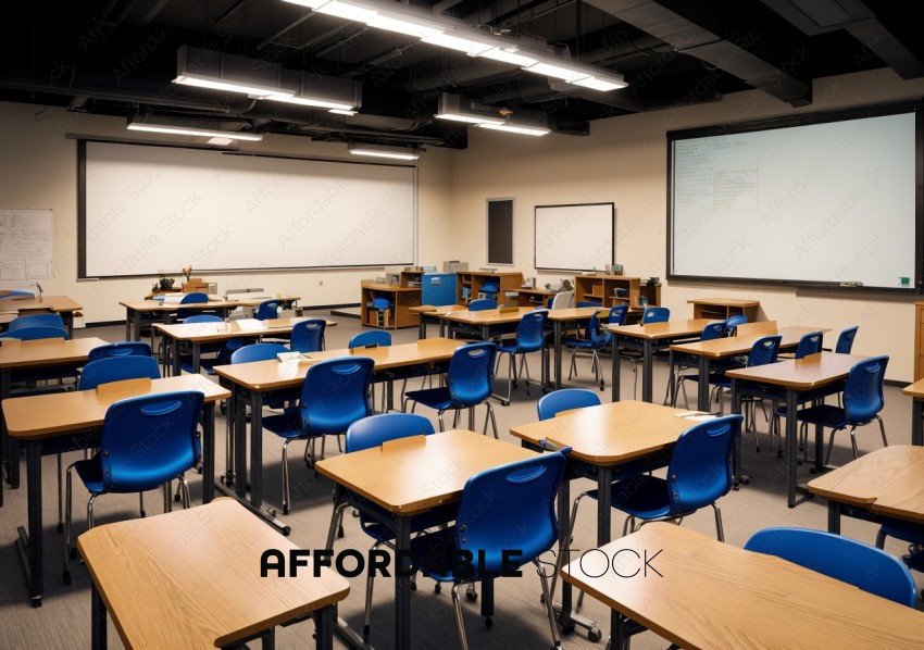 Modern Classroom with Projector and Desks