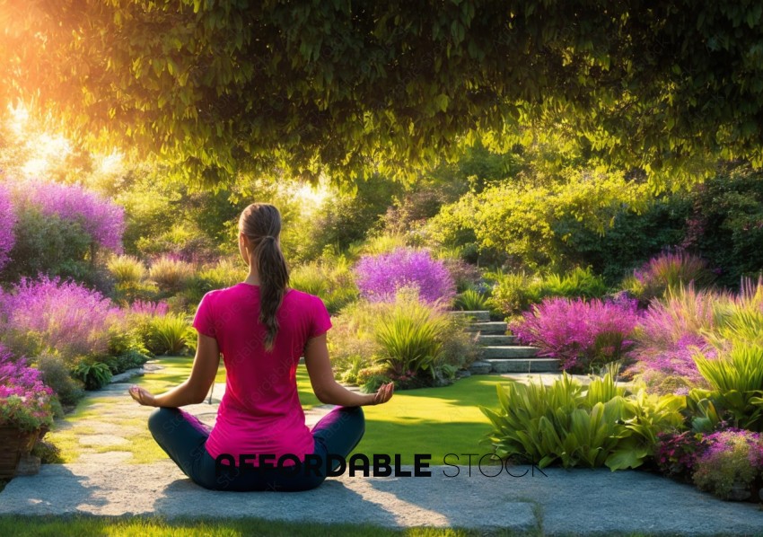 Woman Meditating in Tranquil Garden at Sunset