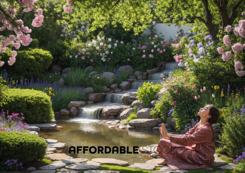 Woman Meditating in Lush Garden by Waterfall