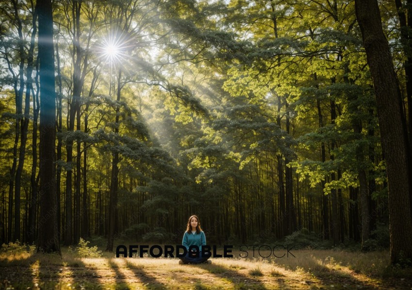 Woman Meditating in Sunlit Forest
