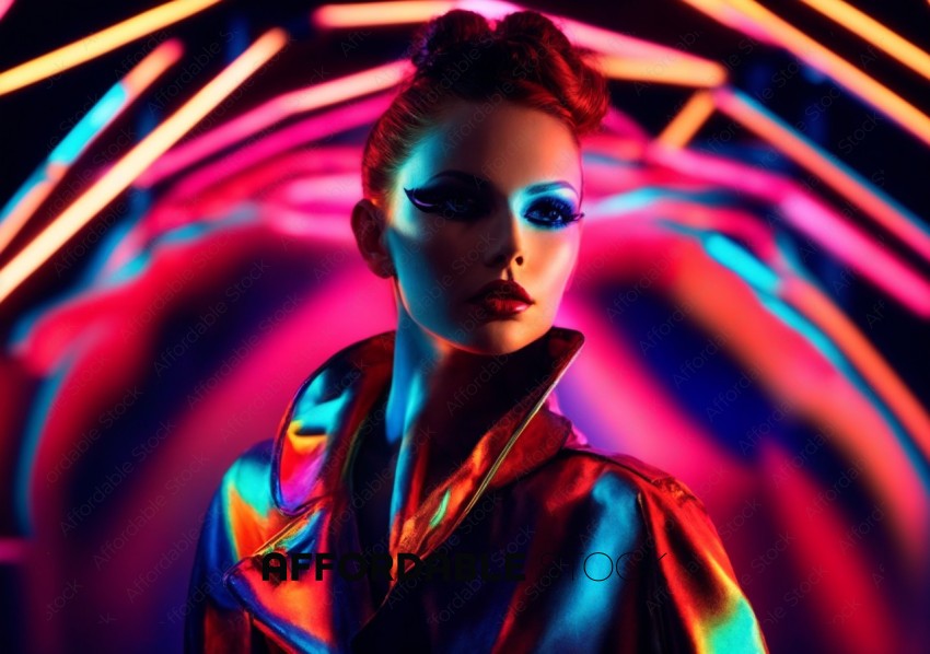 Futuristic Woman with Neon Makeup and Lights