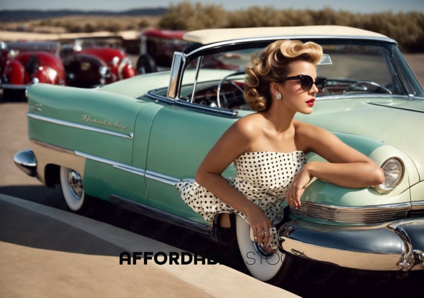 Elegant Woman Leaning on Vintage Convertible Car