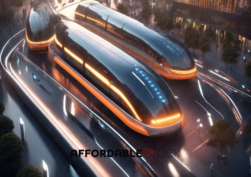 Futuristic Cityscape with High-Speed Trains