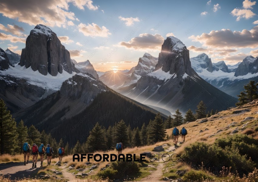 Hikers Approaching Sunset in Mountainous Landscape
